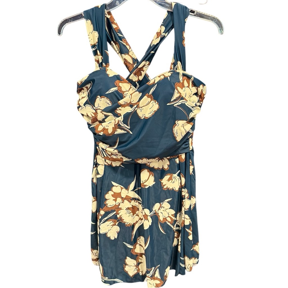 Cocopear Teal Floral Print Skirted Boyshort Swimsuit, size Large